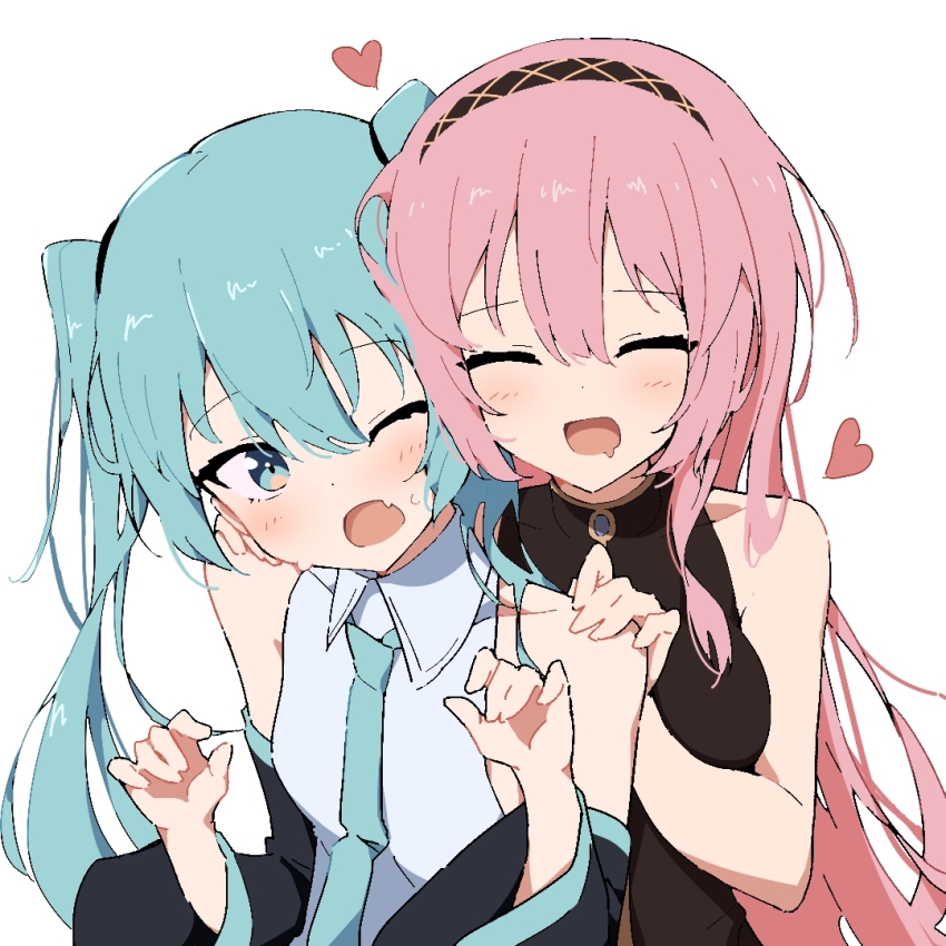 2girls bare_arms black_dress black_hairband black_sleeves blue_eyes blue_hair blue_necktie blush closed_eyes collared_shirt commentary_request detached_sleeves dress fang giryu hairband hand_on_another&#039;s_shoulder hatsune_miku heart long_hair megurine_luka multiple_girls necktie one_eye_closed open_mouth shirt simple_background skin_fang sleeveless sleeveless_shirt smile sweatdrop twintails upper_body vocaloid white_background white_shirt yuri