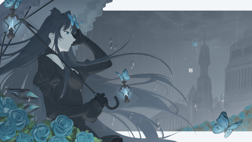 1girl absurdres arcaea bare_shoulders black_dress black_gloves black_hair blue_eyes blue_flower blunt_bangs bow breasts butterfly_hair_ornament cleavage collarbone detached_sleeves dress earrings flower from_side gloves hair_bow hair_ornament highres jewelry long_hair long_sleeves medium_breasts seto_(ginnkiha) tairitsu_(arcaea)