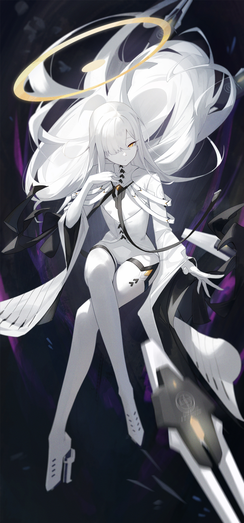 1girl absurdres blue_archive breasts cleavage cleavage_cutout closed_mouth clothing_cutout colored_skin crossed_legs dress expressionless hair_over_one_eye high_heels highres jacket leash long_hair looking_at_viewer malkuth_(blue_archive) sidelocks sitting solo sukaliya white_dress white_hair white_jacket white_skin yellow_eyes