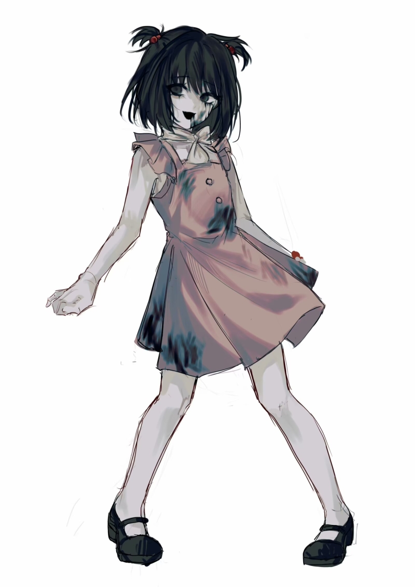1girl black_eyes black_hair black_shoes bob_cut buxiang_hua_suxie! chinese_commentary colored_skin commentary_request dress full_body hair_bobbles hair_ornament highres huai_huizhi mary_janes medium_hair no_socks open_mouth pink_dress scarf shoes short_hair short_twintails simple_background sketch sleeveless sleeveless_dress smile solo stain touqi_guaitan twintails white_background white_scarf white_skin