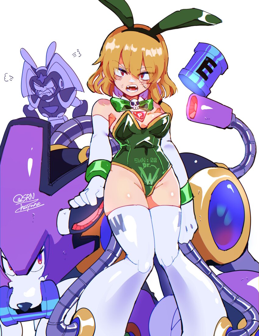 1boy 1girl absurdres animal_ears bare_shoulders bass_(mega_man) blonde_hair blush breasts dog fake_animal_ears green_leotard highres leotard medium_breasts mega_man_(classic) mega_man_(series) non-humanoid_robot original piano_(srnhuyuno) playboy_bunny rabbit_ears robot robot_animal robot_dog scar scar_on_face simple_background skindentation solo_focus srnhuyuno stitched_face stitches strapless strapless_leotard thighhighs treble_(mega_man) white_background white_thighhighs
