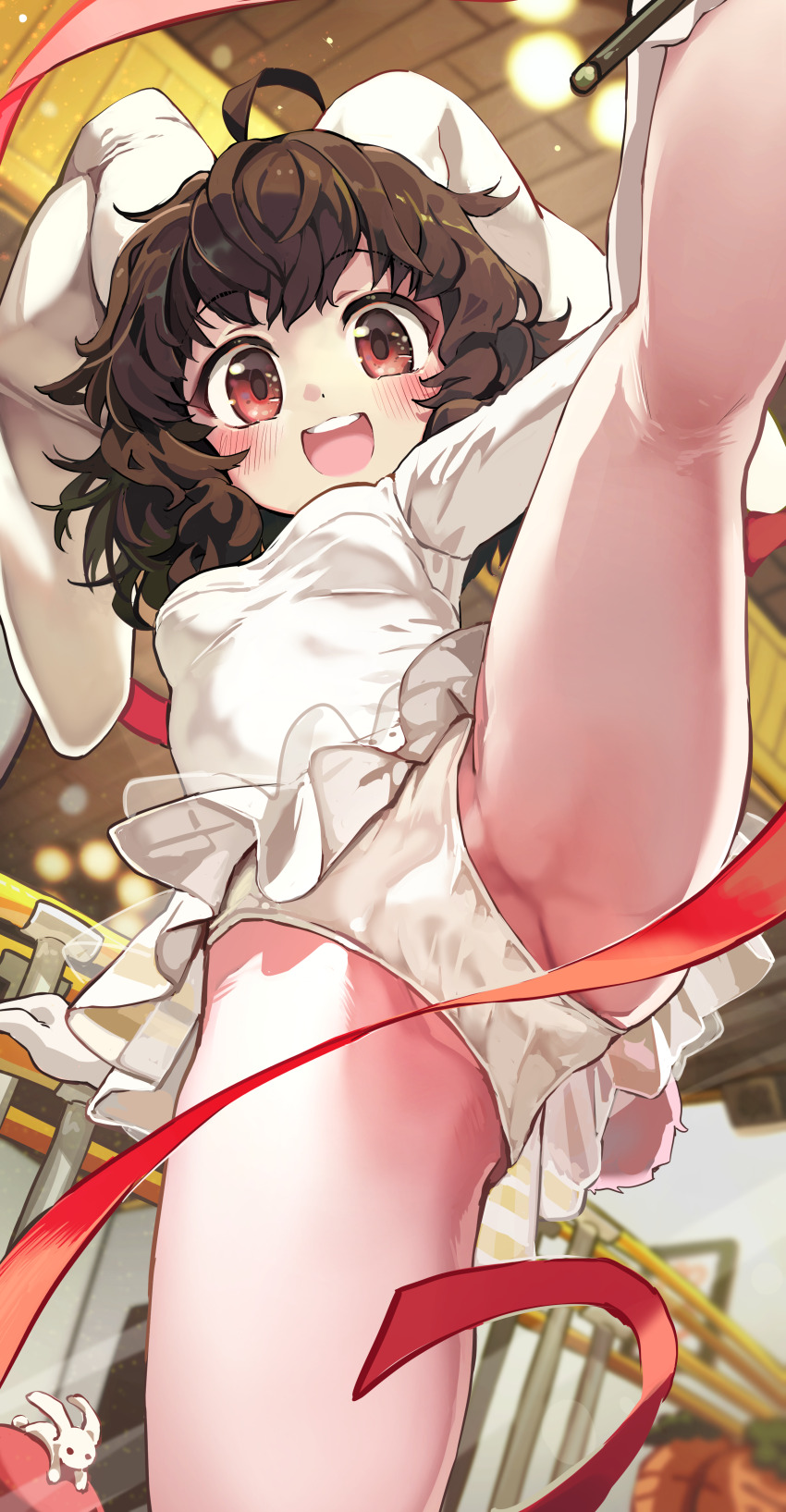 1girl :d absurdres ahoge alternate_costume animal_ears arm_support blurry blurry_background blush breasts brown_hair commentary_request dot_nose dress floppy_ears foreshortening frills from_below gloves happy highres inaba_mob_(touhou) inaba_tewi indoors leg_up looking_at_viewer medium_breasts melaton messy_hair open_mouth panties pantyshot rabbit_ears red_eyes red_ribbon ribbon round_teeth smile solo teeth touhou underwear upper_teeth_only upskirt wavy_hair white_dress white_gloves white_panties