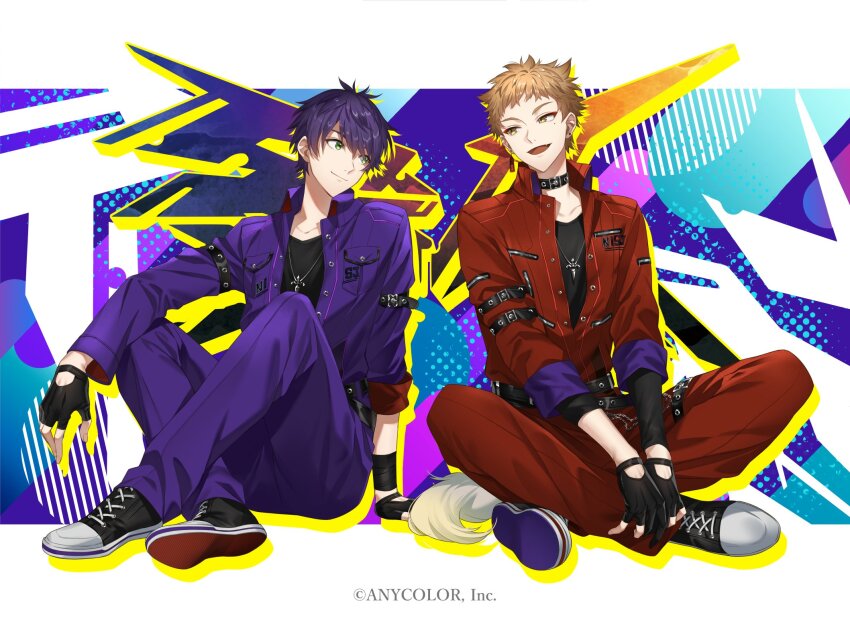 2boys :d arm_support armlet bandaged_arm bandages belt wallet_chain black_belt black_choker black_footwear black_gloves black_shirt brown_eyes brown_hair buttons chain choker closed_mouth collarbone commentary_request company_name copyright_notice crossed_ankles drop_shadow earrings eyeshadow fingerless_gloves fushimi_gaku gloves green_eyes highres jewelry jumpsuit kenmochi_touya long_sleeves looking_at_another looking_to_the_side makeup male_focus miya_(ete) mole mole_under_eye multiple_boys necklace nijisanji official_art open_clothes open_jumpsuit open_mouth purple_hair purple_jumpsuit red_eyeshadow red_jumpsuit shirt shoes short_hair sitting sleeve_rolled_up sleeves_rolled_up smile sneakers stud_earrings studded_armlet studded_belt studded_choker studded_thigh_strap thigh_strap two-tone_footwear virtual_youtuber white_footwear