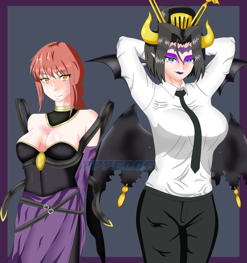 2girls 777edge absurdres black_hair blue_eyes breasts chainsaw_man cosplay costume_switch crossover demon demon_girl digimon digimon_(creature) fallen_angel formal_clothes highres lilithmon lilithmon_(cosplay) makima_(chainsaw_man) makima_(chainsaw_man)_(cosplay) mark_of_evil medium_breasts multiple_girls red_hair smile suit wings yellow_eyes