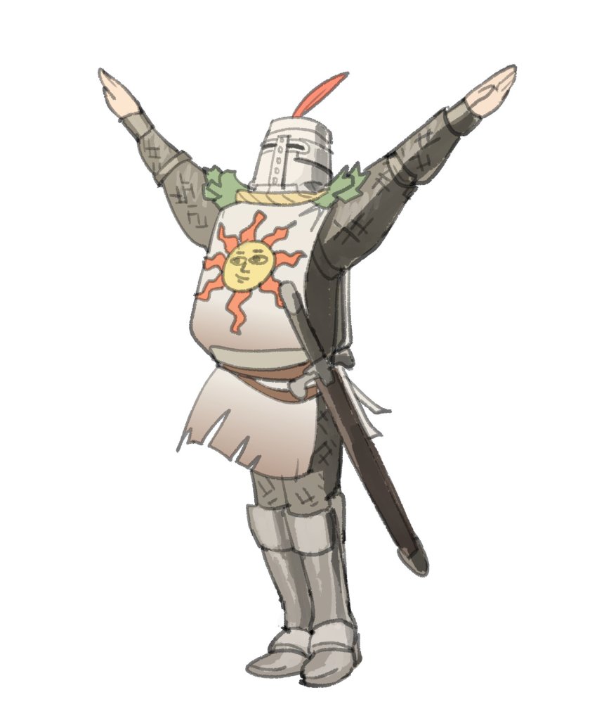 1boy armor arms_up belt brown_belt chainmail covered_face dark_souls_(series) dark_souls_i feathers full_armor full_body greaves hat_feather helmet highres knight long_sleeves male_focus armored_boots multiple_belts outstretched_arms plume praise_the_sun scabbard sheath sheathed simple_background solaire_of_astora solo spread_arms standing sun_symbol sword temmie_chang visor_(armor) weapon white_background