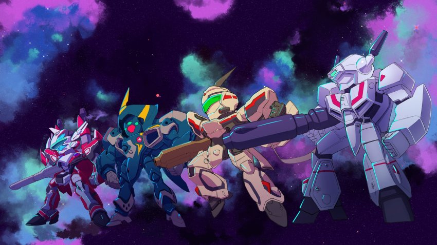 assault_visor chibi choujikuu_yousai_macross clenched_hand commentary cosmikaizer english_commentary gun highres holding holding_gun holding_weapon looking_ahead macross macross_frontier macross_plus mecha no_humans robot science_fiction space vf-1 weapon yf-19 yf-21 yf-29