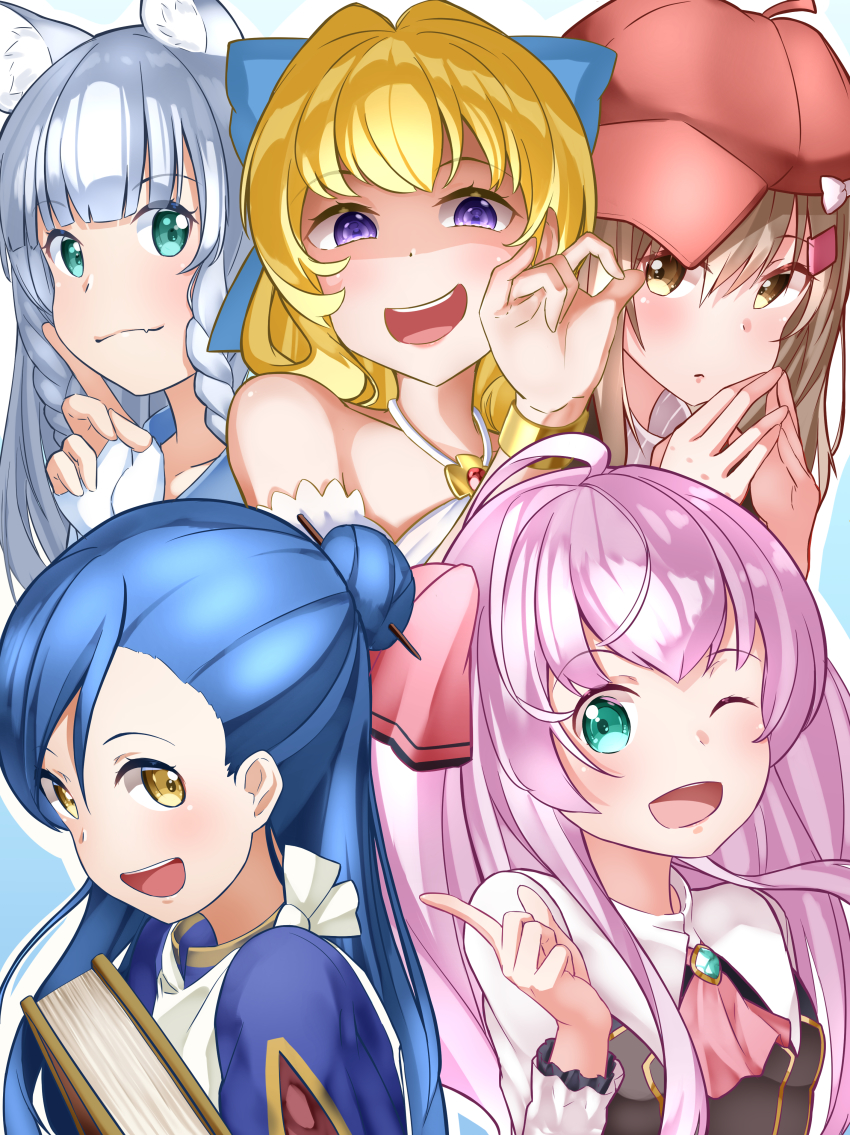 5girls :d ;d absurdres aqua_eyes blue_bow blue_eyes book bow braid brooch brown_eyes brown_hair character_request check_character choujin_koukousei-tachi_wa_isekai_demo_yoyuu_de_ikinuku_you_desu! crossover fingerless_gloves gloves hair_bow hair_bun hair_ornament hair_stick hairclip half_updo hand_up hat hat_bow hataage!_kemono_michi highres honzuki_no_gekokujou index_finger_raised jewelry kono_yuusha_ga_ore_tueee_kuse_ni_shinchou_sugiru long_hair looking_at_viewer myne_(honzuki_no_gekokujou) mile_(noukin) multiple_girls ojou-sama_pose one_eye_closed oohoshi_ringo open_mouth pink_hair red_bow red_headwear ristarte_(kono_yuusha_ga_ore_tueee_kuse_ni_shinchou_sugiru) season_connection shigure_(kemonomichi) single_hair_bun smile takechii trait_connection twin_braids watashi_nouryoku_wa_heikinchi_de_tte_itta_yo_ne! white_bow white_gloves