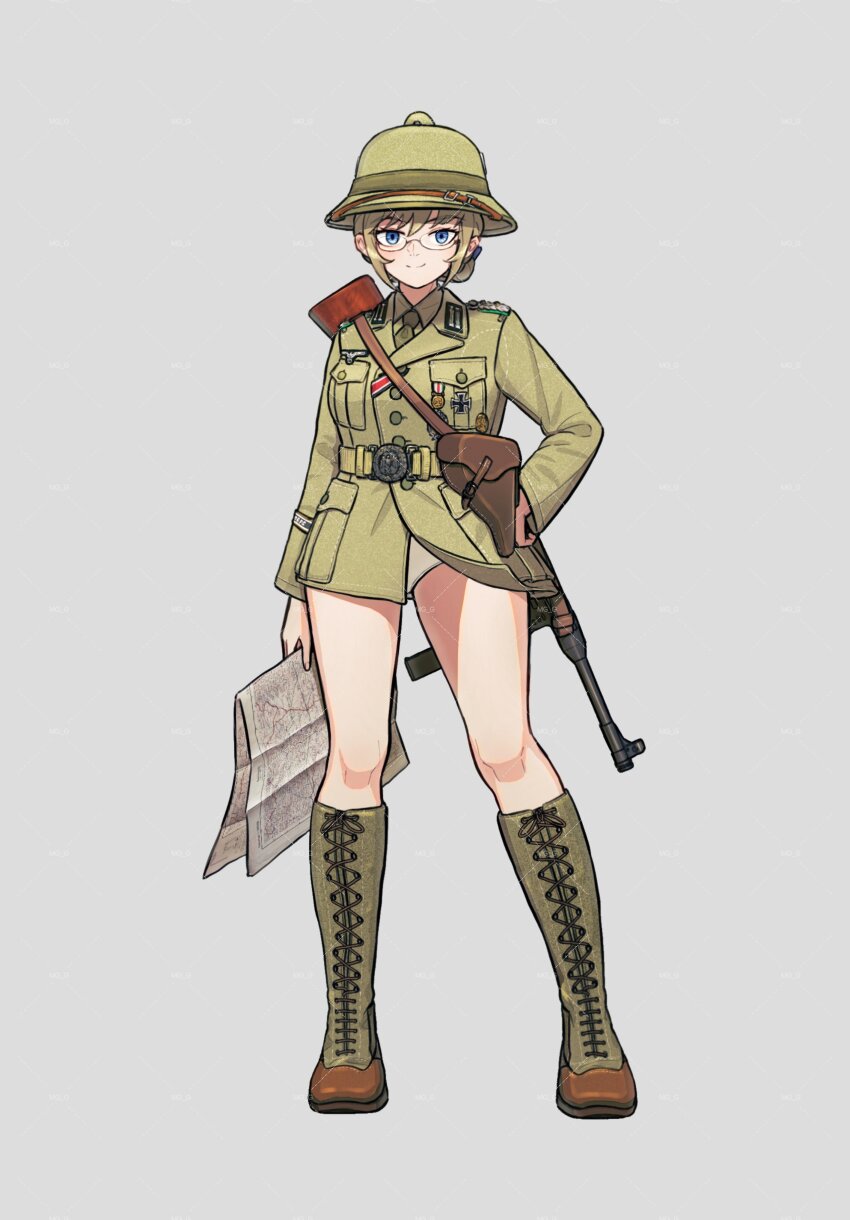 1girl absurdres blue_eyes boots brown_hair closed_mouth collared_shirt commentary commission english_commentary full_body glasses green_boots green_hat green_jacket green_necktie green_shirt grey_background gun hat highres holding holding_map jacket knee_boots lace-up_boots looking_at_viewer map mg_g mp40 necktie no_pants original panties shirt simple_background smile solo standing submachine_gun underwear weapon white_panties