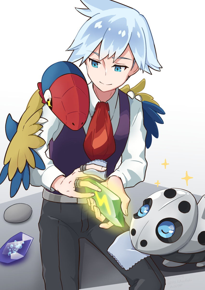 1boy absurdres aqua_eyes archen aron arutarika_(ri_kaoekaki) belt black_pants closed_mouth collared_shirt commentary_request creatures_(company) evolution_stone evolutionary_stone game_freak gem gen_3_pokemon gen_5_pokemon grey_belt handkerchief highres holding jewelry long_sleeves male_focus necktie nintendo pants pokemon pokemon_(creature) pokemon_oras purple_gemstone red_necktie ring shirt short_hair sitting smile sparkle split_mouth steven_stone thunder_stone water_stone white_shirt
