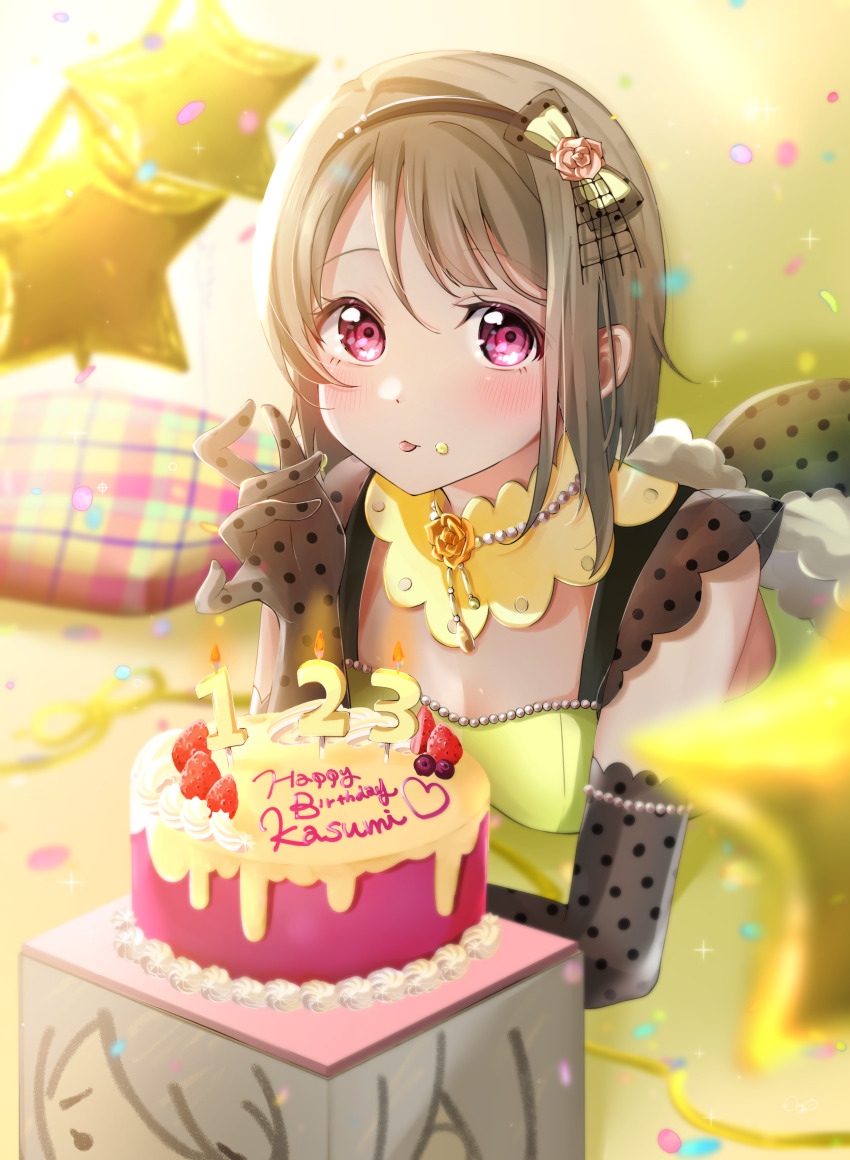1girl absurdres brown_hair cake dated dress food happy_birthday highres looking_at_viewer love_live! love_live!_nijigasaki_high_school_idol_club medium_hair nakasu_kasumi nyako_(utaneko31) purple_eyes solo