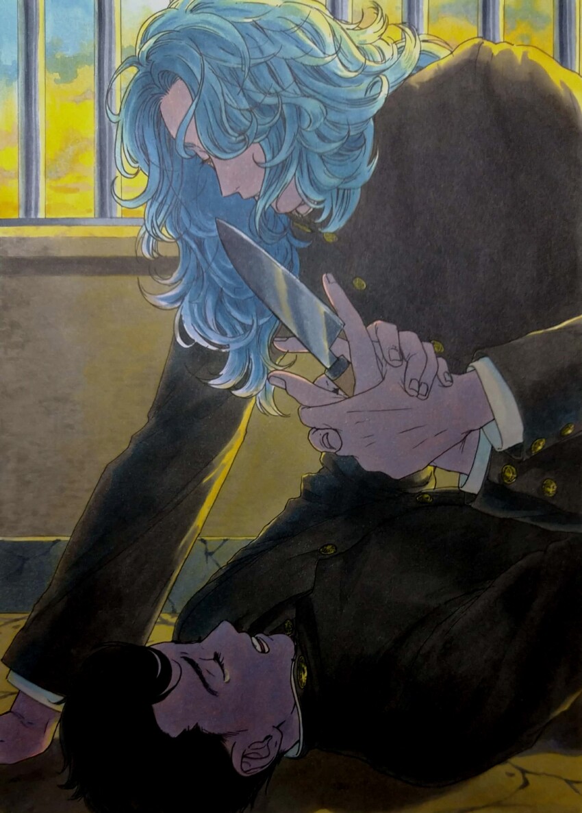 2boys 59awakadoy absurdres black_hair black_jacket blue_hair buttons closed_eyes commentary_request curly_hair curtained_hair day eyelashes fighting gakuran highres holding holding_knife holding_weapon indoors iron_bars jacket kitchen_knife knife long_sleeves male_focus medium_hair multiple_boys open_mouth original pinned school_uniform short_hair tearing_up traditional_media very_short_hair weapon