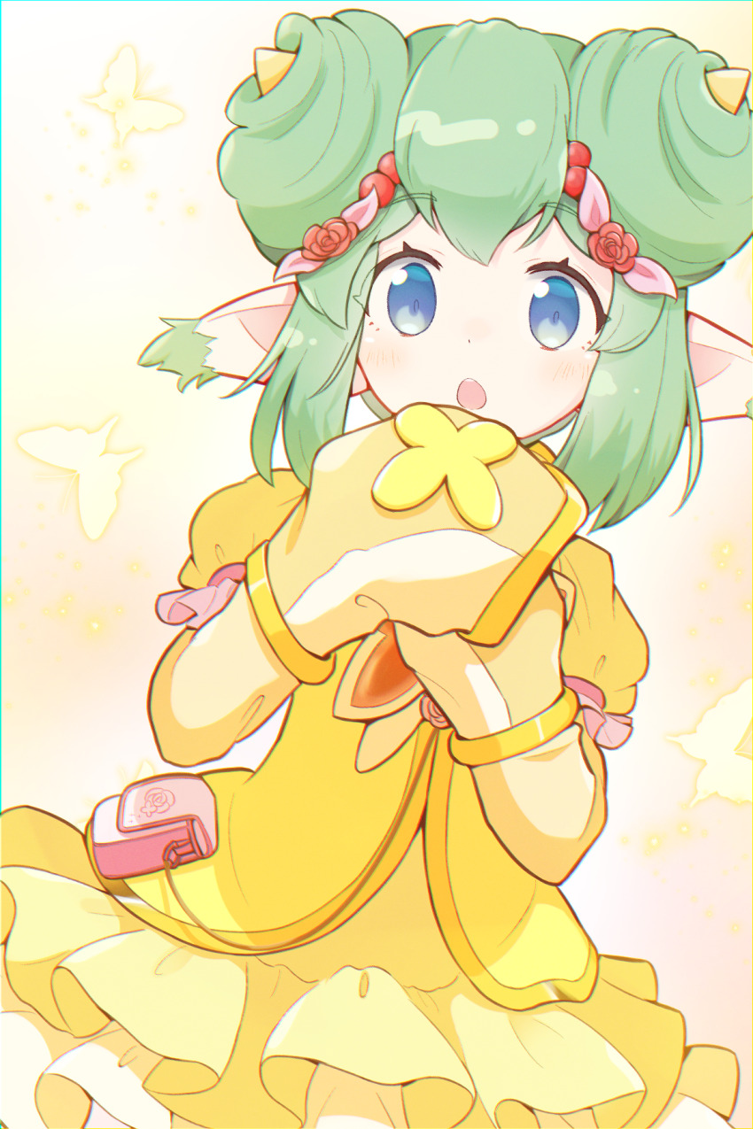 1girl :o belt_pouch blue_eyes bracelet butterfly_background cardigan cowboy_shot double_bun donut_hair_bun dress ear_tufts flower frilled_dress frills gradient_background green_hair hair_bun hair_flower hair_ornament hands_up highres jazz_grace jewelry layered_dress layered_sleeves lidelle_(cure_lemonade)_(puyopuyo) lidelle_(puyopuyo) light_blush long_sleeves official_alternate_costume open_mouth own_hands_together pale_skin pink_bag pointy_ears pouch puffy_short_sleeves puffy_sleeves puyopuyo puyopuyo_quest short_over_long_sleeves short_sleeves sidelocks sleeves_past_wrists solo straight-on teeth upper_teeth_only white_background yellow_background yellow_cardigan yellow_dress