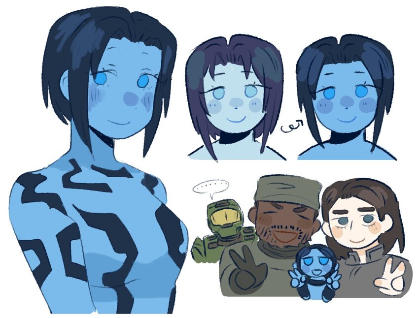 ... 2boys 2girls armor black_gloves blue_eyes blue_skin blush brown_hair colored_skin commentary cortana english_commentary facial_hair gloves goatee_stubble green_hat green_helmet grey_jacket hair_behind_ear halo_(series) halo_2 hat helmet hoshizora_lone jacket looking_at_viewer looking_to_the_side master_chief mini_person minigirl miranda_keyes multiple_boys multiple_girls multiple_views power_armor sergeant_johnson short_hair smile spartan_(halo) spoken_ellipsis stubble v v-shaped_eyebrows