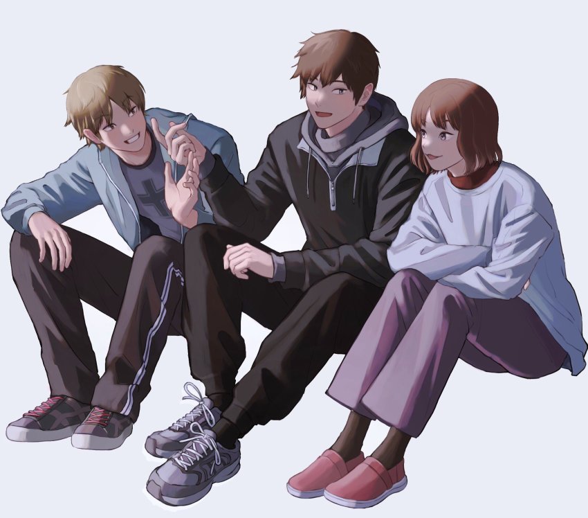 1girl 2boys :3 arafune_tetsuji black_footwear black_hoodie black_pants black_socks blue_jacket bob_cut brown_hair casual cross cross_print crossed_arms drawstring full_body grey_footwear hand_up highres hood hood_down hoodie invisible_chair izumi_kouhei jacket knees_up layered_clothes light_brown_hair looking_at_another looking_at_viewer looking_to_the_side multiple_boys no_headwear open_clothes open_hoodie pants print_shirt red_footwear red_hair shirt shoes short_hair sideways_glance sitting smile sneakers socks talking tankidejikochu track_pants turtleneck ui_madoka white_shirt world_trigger