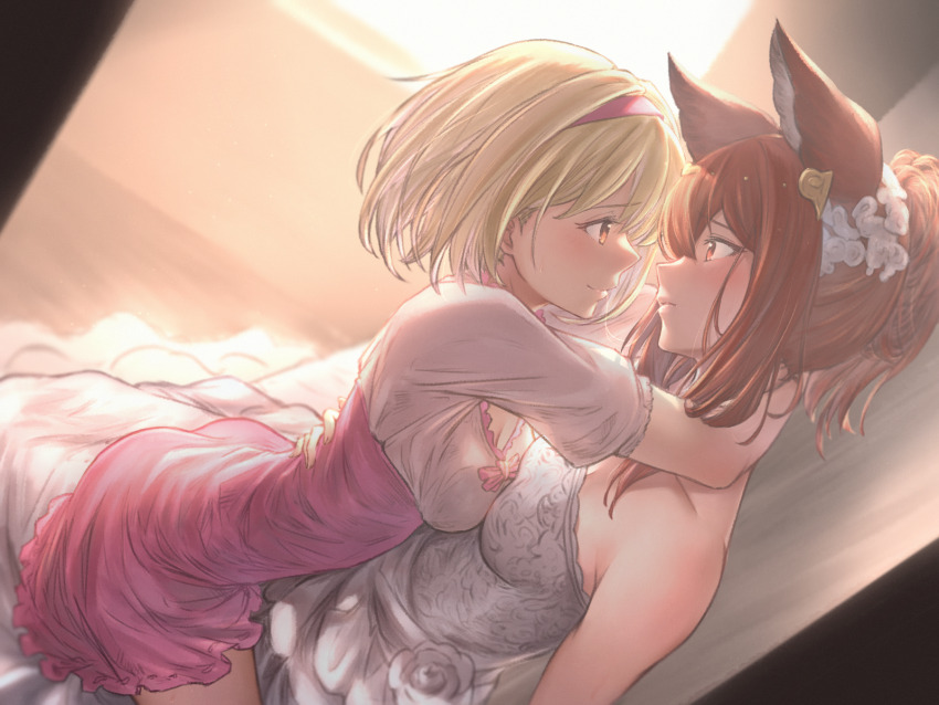 2girls animal_ears anthuria arms_around_neck blonde_hair blush breast_press breasts closed_mouth commentary djeeta_(granblue_fantasy) dress erune eye_contact fighter_(granblue_fantasy) granblue_fantasy hairband highres long_hair looking_at_another medium_breasts multiple_girls pink_dress ponytail red_eyes red_hair sassakntm short_hair short_sleeves sitting sitting_on_person smile strapless strapless_dress symmetrical_docking white_dress yuri