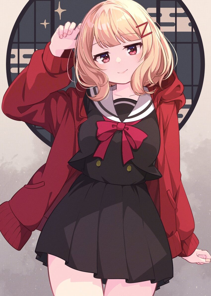 1girl arm_at_side arm_up black_dress blonde_hair blunt_bangs blush bow bowtie breasts buttons closed_mouth collarbone commentary cowboy_shot cropped_jacket dress egasumi fingernails hair_ornament head_tilt highres hood hood_down hooded_jacket indoors jacket long_sleeves looking_at_viewer medium_breasts medium_hair morugen open_clothes open_jacket pleated_dress red_bow red_bowtie red_eyes red_jacket rinmeikan_girls_school_uniform round_window sailor_collar school_uniform serafuku shoujo_kageki_revue_starlight shoujo_kageki_revue_starlight_-re_live- smile solo sparkle standing tanaka_yuyuko white_sailor_collar window