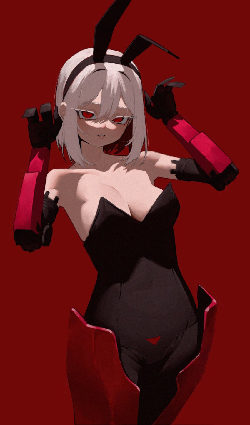 1girl absurdres anemoneeanemone animal_ear_hairband animal_ears bare_shoulders black_hairband black_leotard breasts character_request cleavage collarbone commentary copyright_request english_commentary fake_animal_ears hair_between_eyes hairband hands_up highres large_breasts leotard looking_at_viewer mechanical_arms parted_lips playboy_bunny rabbit_ears rabbit_pose red_background red_eyes short_hair simple_background smile solo strapless strapless_leotard white_hair