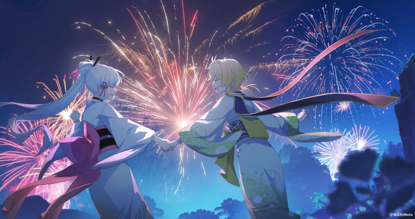 2girls absurdres alternate_hairstyle ayaka_(genshin_impact) blonde_hair blue_hair darkcatowo fireworks genshin_impact hair_bun highres holding_hands japanese_clothes kimono lumine_(genshin_impact) multiple_girls night