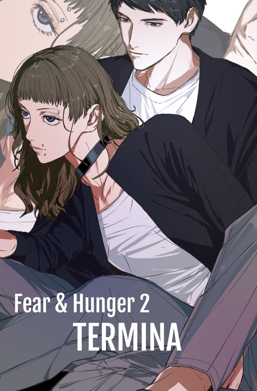 1boy 1girl alternate_costume amikoiiko black_choker black_hair black_jacket blue_eyes brown_hair choker closed_mouth copyright_name eye_piercing face_piercing fear_&amp;_hunger_(series) fear_&amp;_hunger_2:_termina grey_pants hashtag-only_commentary highres jacket levi_(fear_&amp;_hunger) long_hair looking_ahead lying lying_on_person marina_(fear_&amp;_hunger) mouth_piercing on_side open_clothes open_jacket pants piercing shirt short_hair white_shirt zoom_layer