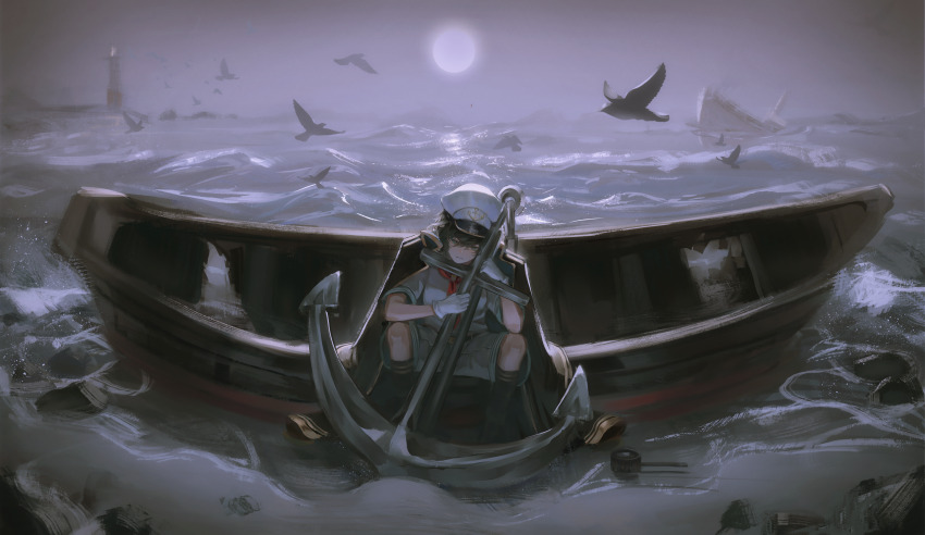 1girl absurdres anchor backlighting beach bird black_boots black_coat black_hair black_socks boat boots coat coat_on_shoulders fog green_eyes hat highres lighthouse murasa_minamitsu ocean outdoors painterly panorama sailor_hat seagull shirt short_hair short_sleeves shorts sitting socks solo touhou watercraft white_hat white_shirt white_shorts yuhel
