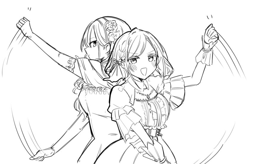 2girls :d back-to-back bow braid breasts ceras_yanagida_lilienfeld closed_mouth elbow_gloves flower_hairband frilled_sleeves frills gloves greyscale hair_bow hair_ribbon highres icegreentea29 izayoi_selene katsuragi_izumi large_breasts link!_like!_love_live! love_live! monochrome multiple_girls official_alternate_costume open_mouth profile ribbon short_sleeves shrug_(clothing) side_braids simple_background smile swinging_arms upper_body v-shaped_eyebrows virtual_youtuber white_background