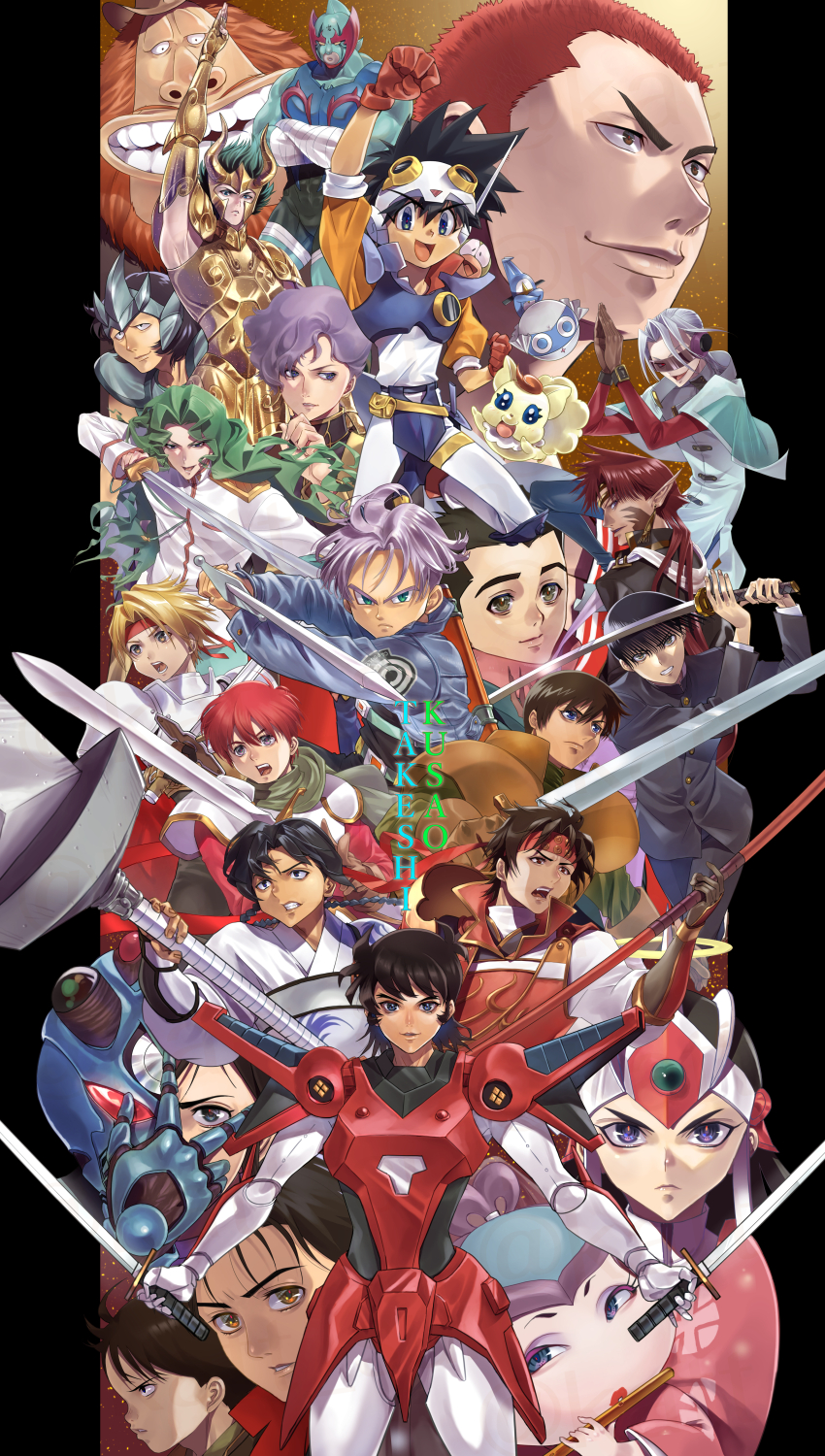 6+boys absurdres adol_christin armor baba_lamune blonde_hair blue_eyes blue_jacket bodysuit brown_eyes cape capricorn_shura character_request coco_(yes!_precure_5) code_geass commentary_request copyright_request cress_albane crossover dorel_ronah dororo_(keroro_gunsou) gloves gundam gundam_f91 headband highres holding holding_sword holding_weapon jacket jaguar_d._saul katt_sun keroro_gunsou kinnikuman kougaiji kusao_takeshi male_focus mao_(code_geass) multiple_boys nemesis_(kinnikuman) one_piece onikirimaru onikirimaru_(character) pants parn_(lodoss) precure purple_hair record_of_lodoss_war red_cape red_headband ronin_warriors saint_seiya saionji_kyouichi saiyuki sakuragi_hanamichi sanada_ryou sanada_yukimura_(sengoku_musou) sengoku_musou sheath shirt short_hair shoujo_kakumei_utena slam_dunk_(series) sword tales_of_(series) tales_of_phantasia tama-q trunks_(dragon_ball) trunks_(future)_(dragon_ball) voice_actor voice_actor_connection vs_knight_lamune_&amp;_40_fire weapon wolf_nachi yes!_precure_5 yoroiden_samurai_troopers ys