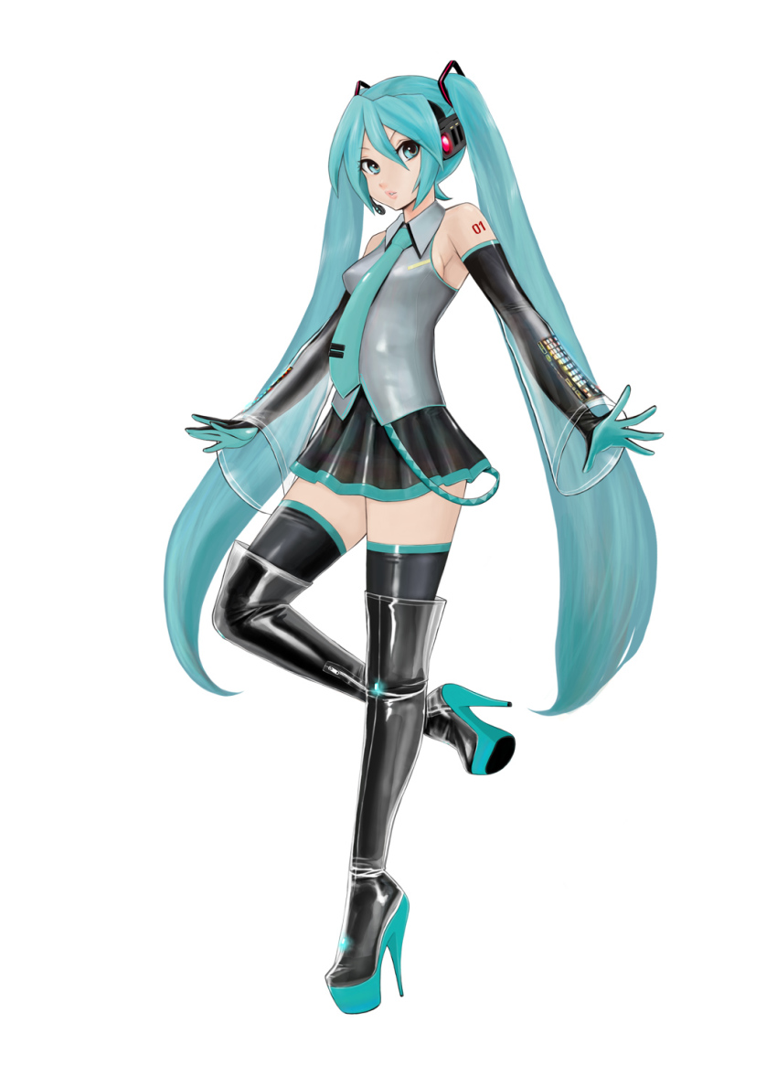 1girl adapted_costume aqua_boots aqua_necktie arms_at_sides black_boots black_thighhighs blouse bodysuit boots collared_shirt female_focus from_side full_body glowing green_eyes green_hair grey_shirt hair_between_eyes halterneck hatsune_miku high_heel_boots high_heels highres komii latex long_hair miniskirt necktie number_tattoo see-through_clothes shirt shoes shoulder_tattoo simple_background skin_tight skirt sleeveless sleeveless_shirt solo standing standing_on_one_leg stiletto_heels tattoo thigh_boots thighhighs thighs twintails very_long_hair vocaloid white_background