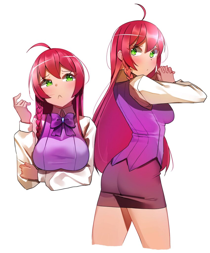 1girl ahoge arms_up black_skirt bow bowtie braid breasts cropped_legs cropped_torso dress_shirt formal_clothes from_side frown furrowed_brow green_eyes hataraku_maou-sama! highres long_hair long_sleeves looking_back medium_breasts multiple_views office_lady own_hands_together pencil_skirt pulling_own_clothes purple_bow purple_bowtie purple_vest red_hair shirt side_braid skirt skirt_suit suit ti_keep vest white_background white_shirt white_sleeves yusa_emi