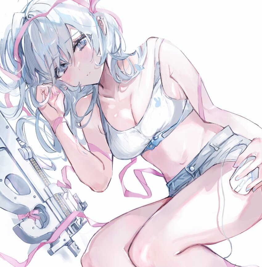 1girl bare_shoulders blue_eyes blue_hair blue_shorts blue_sports_bra blush breasts cleavage closed_mouth collarbone computer_mouse highres holding_computer_mouse long_hair looking_at_viewer lying medium_breasts nail_polish navel on_side original pink_nails pink_ribbon ribbon shia_job shorts simple_background solo sports_bra thighs