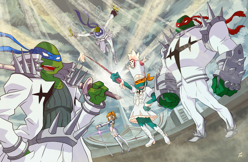 1girl absurdres april_o&#039;neil cosplay crossdressing donatello_(tmnt) gamagoori_ira gamagoori_ira_(cosplay) highres inumuta_houka inumuta_houka_(cosplay) jakuzure_nonon jakuzure_nonon_(cosplay) kill_la_kill kiryuuin_satsuki kiryuuin_satsuki_(cosplay) leonardo_(tmnt) mask michelangelo_(tmnt) parody raphael_(tmnt) sanageyama_uzu sanageyama_uzu_(cosplay) school_uniform serafuku sword tanya-buka teenage_mutant_ninja_turtles teenage_mutant_ninja_turtles_(2003) weapon