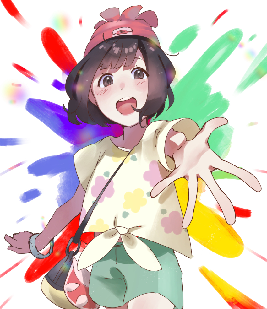 1girl :d bag beanie blush bracelet commentary_request cowboy_shot eyelashes food_print fruit_print green_shorts hat highres jewelry nintendo open_mouth pokemon pokemon_sm red_hat selene_(pokemon) semikoron shirt short_hair short_sleeves shorts shoulder_bag smile solo spread_fingers teeth tied_shirt upper_teeth_only watermelon_print yellow_shirt