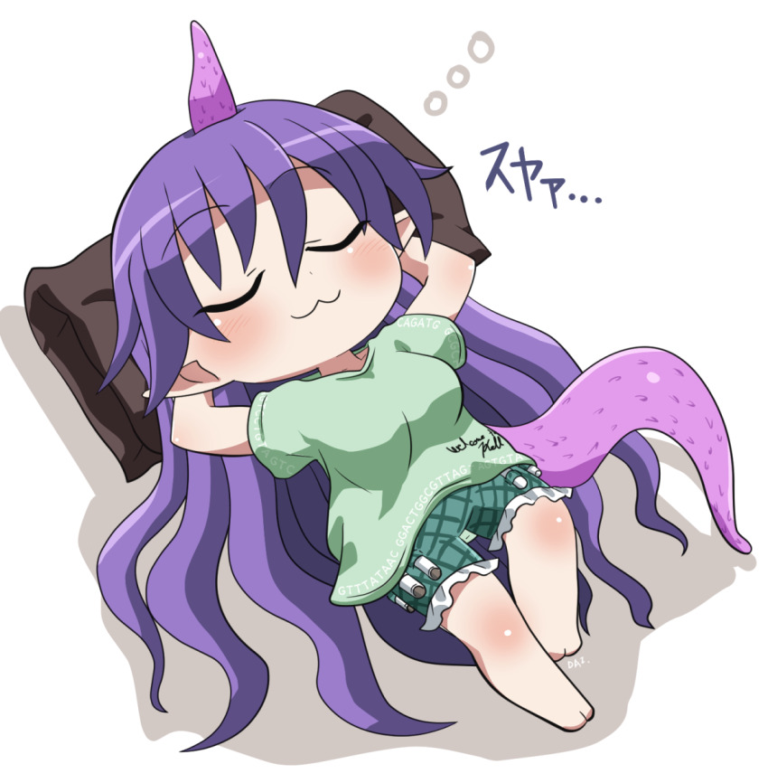 1girl :3 arms_behind_head barefoot blush chibi chibi_only closed_eyes closed_mouth commentary_request frilled_shorts frills full_body green_shirt green_shorts head_on_pillow highres knee_up long_hair lying on_back pillow plaid_clothes plaid_shorts purple_hair rokugou_daisuke shirt short_sleeves shorts signature simple_background sleeping solo t-shirt tenkajin_chiyari test_tube touhou white_background