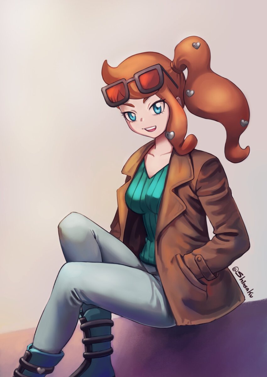 1girl aqua_boots aqua_eyes aqua_shirt artist_name boots breasts brown_coat coat collarbone denim eyewear_on_head hair_ornament hands_in_pockets heart heart_hair_ornament highres jeans knee_up long_hair medium_breasts nintendo open_clothes open_coat open_mouth orange-tinted_eyewear orange_hair pants pokemon pokemon_swsh ribbed_shirt shinsaku_(stan-art) shirt side_ponytail sitting smile solo sonia_(pokemon) sunglasses teeth tinted_eyewear twitter_username unbuttoned upper_teeth_only v-neck