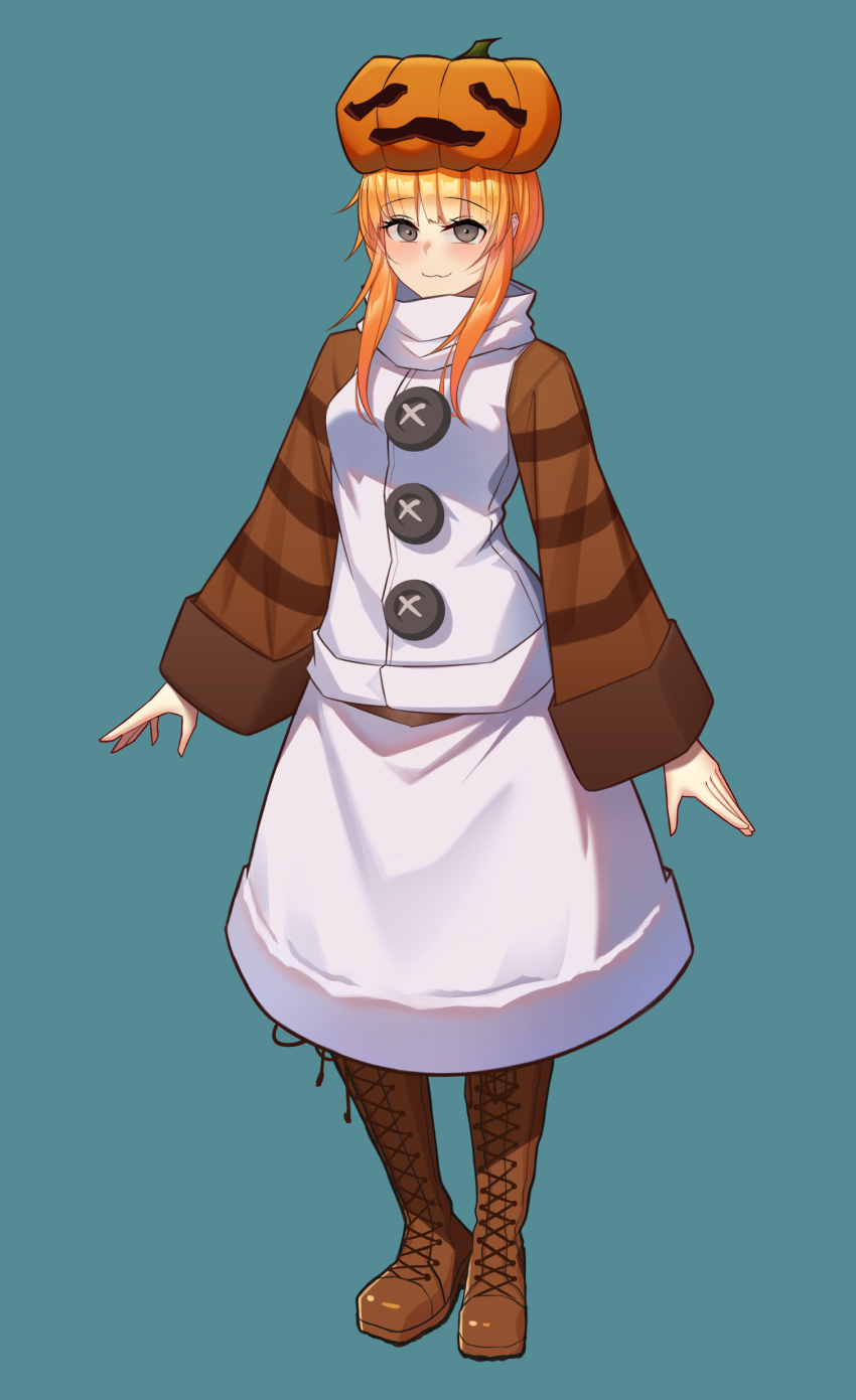 1girl :3 absurdres animal blush boots buttons character_name commentary creeper destinyplayer1 enderman english_commentary flower fox_(minecraft) full_body high_collar highres jack-o&#039;-lantern lace-up_boots long_hair long_sleeves looking_at_viewer magma_cube minecraft minecraft_(style) mob_talker orange_hair personification pumpkin pumpkin_hat purple_eyes simple_background skeleton_(minecraft) skirt smile snow_golem_(at2.) snow_golem_(minecraft) solo sparkle spider_(minecraft) striped_sleeves