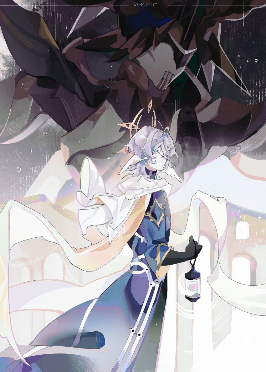 1boy absurdres anar_9158 blue_coat coat from_side hair_between_eyes halo halo_behind_head hashtag-only_commentary head_wings highres holding holding_lantern honkai:_star_rail honkai_(series) lantern looking_at_viewer male_focus medium_hair septimus_(honkai:_star_rail) solo_focus spiked_halo sunday_(honkai:_star_rail) white_hair wings yellow_eyes