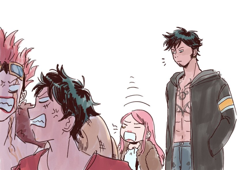 1girl anger_vein avaxxah black_hair blank_eyes chest_tattoo commentary english_commentary eustass_kid facial_hair goatee hat highres hood hooded_coat jewelry_bonney long_hair monkey_d._luffy notice_lines one_piece pink_hair red_hair scar scar_on_face short_hair straw_hat tattoo trafalgar_law white_background
