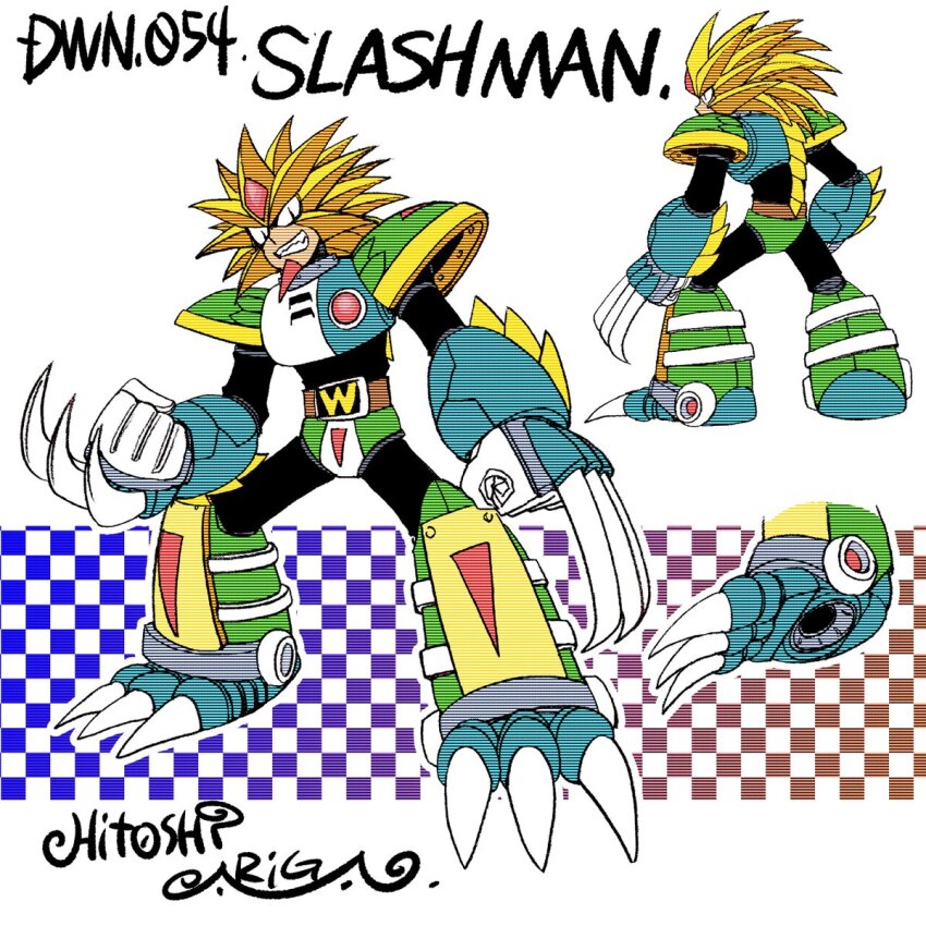 1boy android ariga_hitoshi armor artist_name belt black_bodysuit black_eyes blue_background bodysuit boots brown_belt character_name reference_sheet checkered_background chest_jewel claws clenched_hands commentary_request concept_art evil_grin evil_smile forehead_jewel from_behind full_body gem gloves gradient_background green_armor green_footwear grin highres joints knee_boots looking_ahead looking_at_viewer male_focus mega_man_(classic) mega_man_(series) mega_man_7 mega_man_megamix multiple_views no_humans orange_background red_gemstone robot robot_joints scanlines shoe_soles shoulder_armor signature simple_background slash_man smile spiked_hair standing teeth turnaround weapon white_background white_gloves