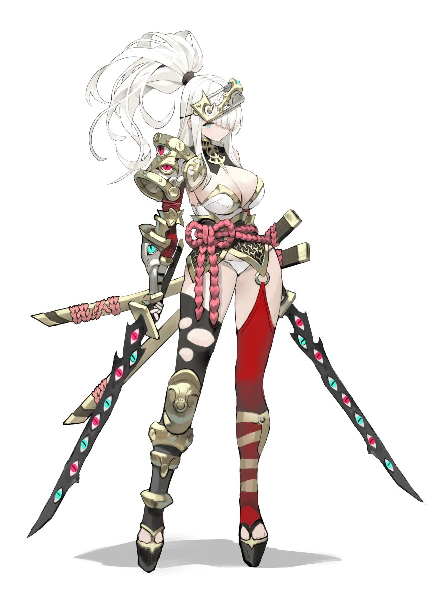 1girl absurdres armor arowana2111 asymmetrical_legwear bikini bikini_bottom_only black_shoes black_thighhighs blue_eyes breasts cleavage commentary cropped_shirt english_commentary expressionless fingerless_gloves gloves hair_over_one_eye highres holding holding_sword holding_weapon katana leotard looking_at_viewer mismatched_legwear original pauldrons ponytail red_thighhighs scabbard sheath shirt shoes shoulder_armor solo swimsuit sword thighhighs torn_clothes torn_thighhighs vambraces weapon white_hair white_leotard white_shirt
