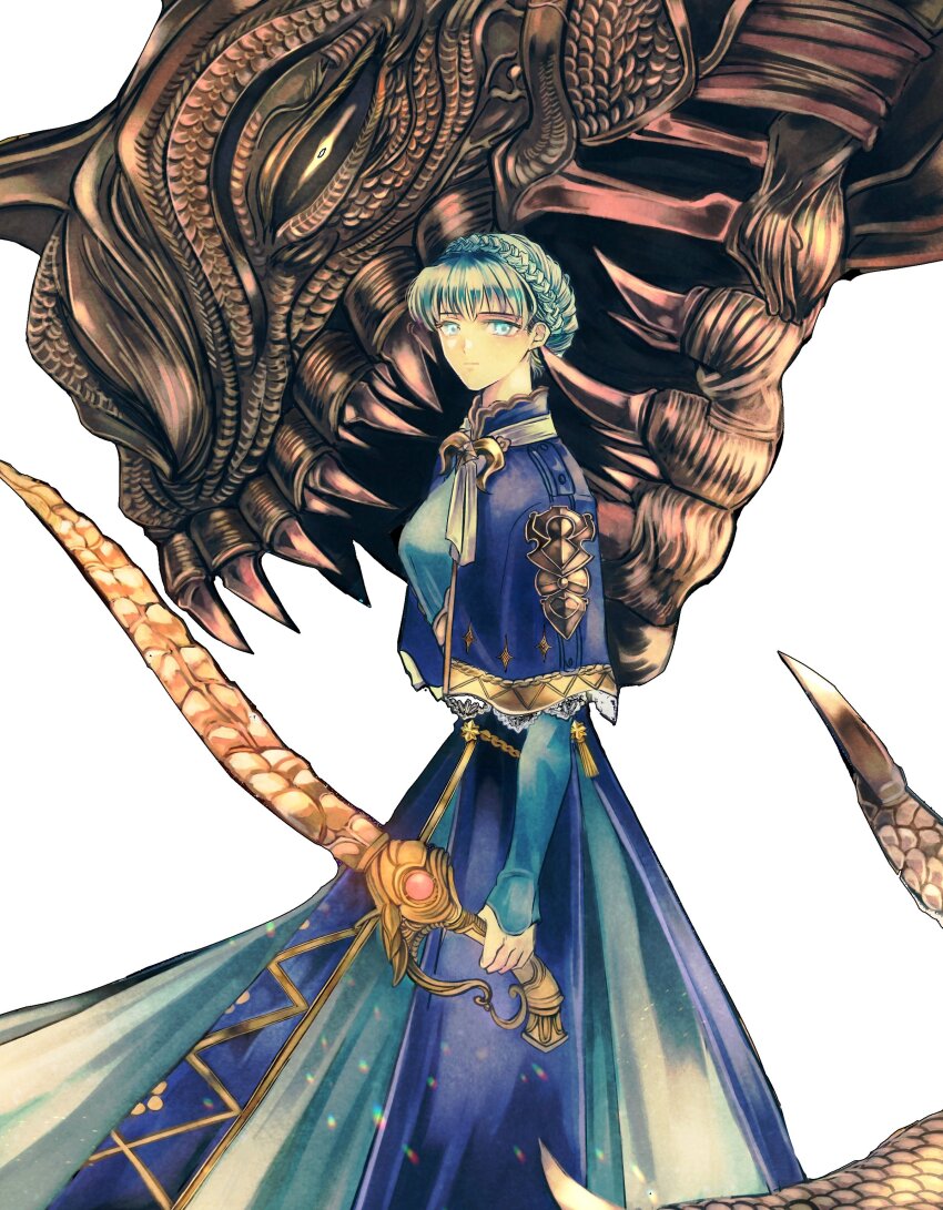 1boy 1girl absurdres ancestor_and_descendant blue_dress blue_eyes blue_hair blutgang_(fire_emblem) braid breasts closed_mouth crown_braid dress fangs fire_emblem fire_emblem:_three_houses highres holding holding_sword holding_weapon horns large_breasts long_sleeves looking_at_viewer marianne_von_edmund marianne_von_edmund_(timeskip) maurice_(fire_emblem) monster nintendo official_alternate_hairstyle omlililimo short_hair single_horn sword weapon white_background