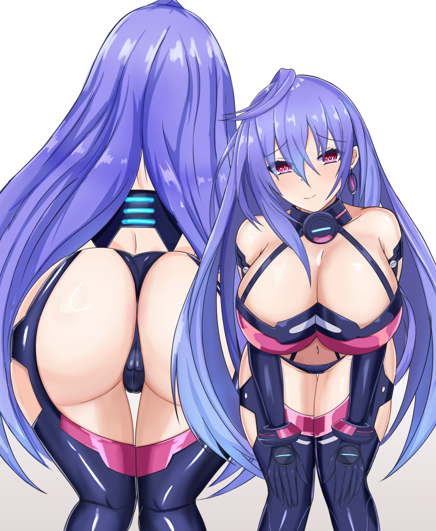 1girl absurdres ass ass_focus breasts cameltoe choujigen_game_neptune cleavage compile_heart from_behind highres huge_ass idea_factory iris_heart_(neptunia) kami_jigen_game_neptune_v large_breasts leaning leaning_forward leotard long_hair looking_at_viewer multiple_views neptune_(series) purple_hair smile stiris_rangetsu thighhighs thong thong_leotard very_long_hair