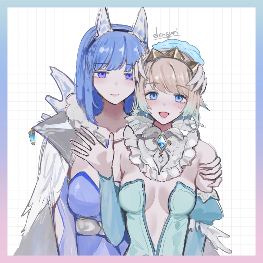 2girls absurdres artist_name bare_shoulders blonde_hair blue_eyes blue_hair breasts cleavage closed_mouth commentary_request detached_sleeves earrings fire_emblem fire_emblem_heroes fjorm_(fire_emblem) fjorm_(ice_tribe)_(fire_emblem) gradient_hair hand_on_another&#039;s_shoulder highres jewelry long_hair looking_at_viewer medium_breasts multicolored_hair multiple_girls nifl_(fire_emblem) nifl_(ice_tribe)_(fire_emblem) nintendo official_alternate_costume open_mouth purple_eyes sakuramotikun short_hair smile two-tone_hair