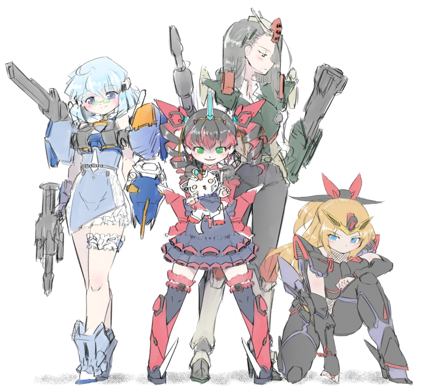 4girls absurdres aegis_gundam animal animalization black_hair blitz_gundam blonde_hair blue_eyes blue_hair buster_gundam cat drill_hair duel_gundam glasses green_eyes gundam gundam_seed highres holding holding_animal holding_cat looking_at_viewer looking_down mecha_musume multiple_girls personification strike_gundam twin_drills v-fin yazawa_owl