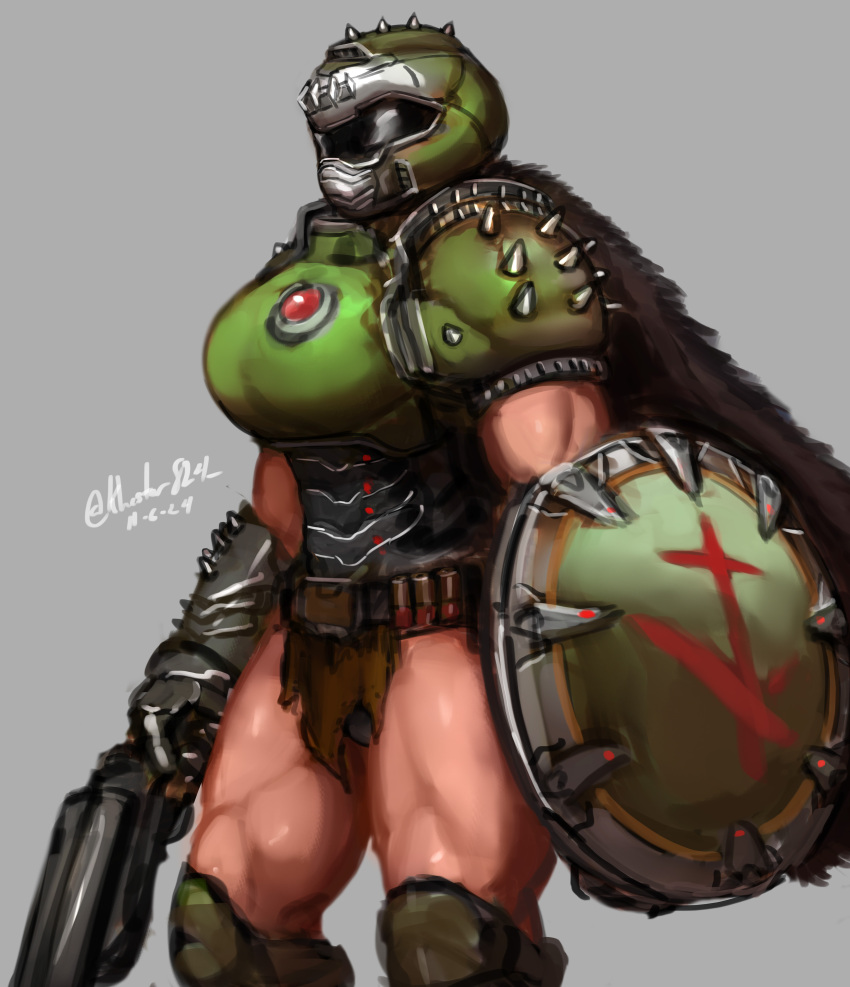 1girl absurdres armor breasts cape doom:_the_dark_ages doom_(series) doomguy fur_trim genderswap genderswap_(mtf) gun highres khester824 muscular muscular_female shield shotgun simple_background solo spiked_pauldrons weapon