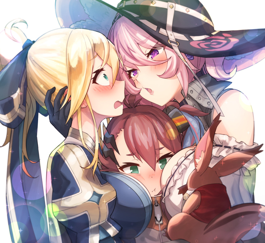 3girls :t absurdres ahoge alicia_fairhead aqua_eyes armed_fantasia blue_ribbon breasts cheek-to-breast cheek_squash chestnut_mouth commentary_request commission creature d: floral_print from_side girl_sandwich gloves hair_between_eyes hair_ornament hair_ribbon hand_on_another&#039;s_head hat highres large_breasts lens_flare lightning_bolt lightning_bolt_hair_ornament lightning_bolt_symbol mercedes_rosenberg mole mole_under_eye multiple_girls nyama open_mouth pink_hair pixiv_commission profile puffy_sleeves purple_eyes red_hair ribbon ribbon_trim sandwiched soleil_ainsley sparkle strisch_(armed_fantasia) yuri zipper