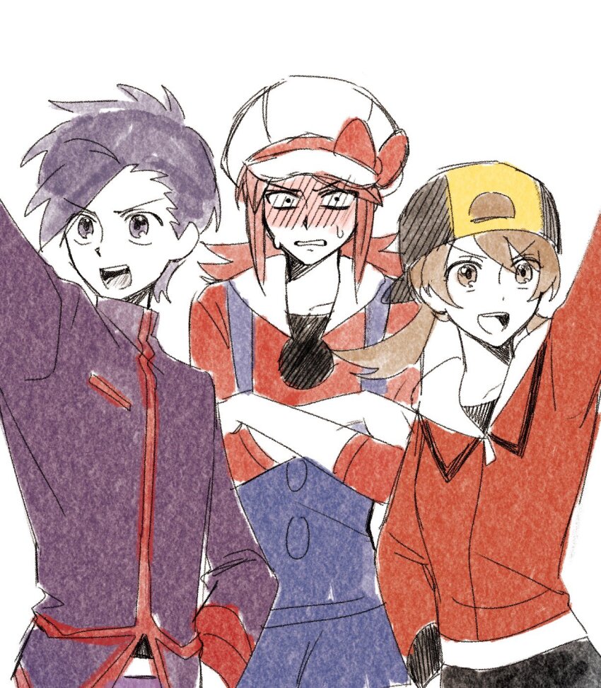 1girl 2boys arm_up backwards_hat black_eyes black_hair blush bow brown_hair cosplay crossed_arms ethan_(pokemon) ethan_(pokemon)_(cosplay) gugab_(k_kkuba_) hat highres jacket looking_at_viewer lyra_(pokemon) lyra_(pokemon)_(cosplay) multiple_boys nintendo open_mouth overalls pokemon pokemon_hgss red_hair silver_(pokemon) silver_(pokemon)_(cosplay) simple_background smile sweat twintails white_background zipper