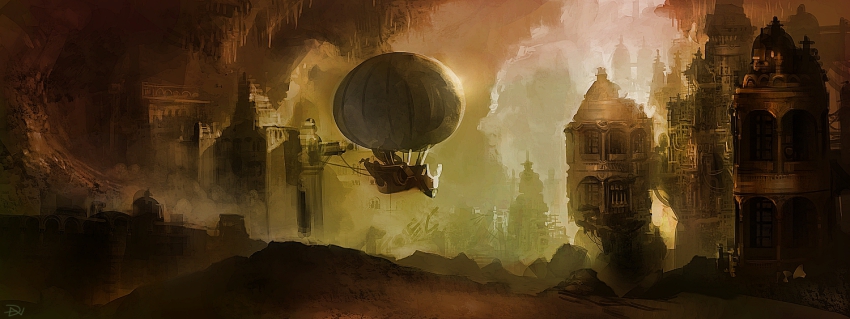 :dan aircraft architecture cave dannoura_yuuki dirigible no_humans original scenery