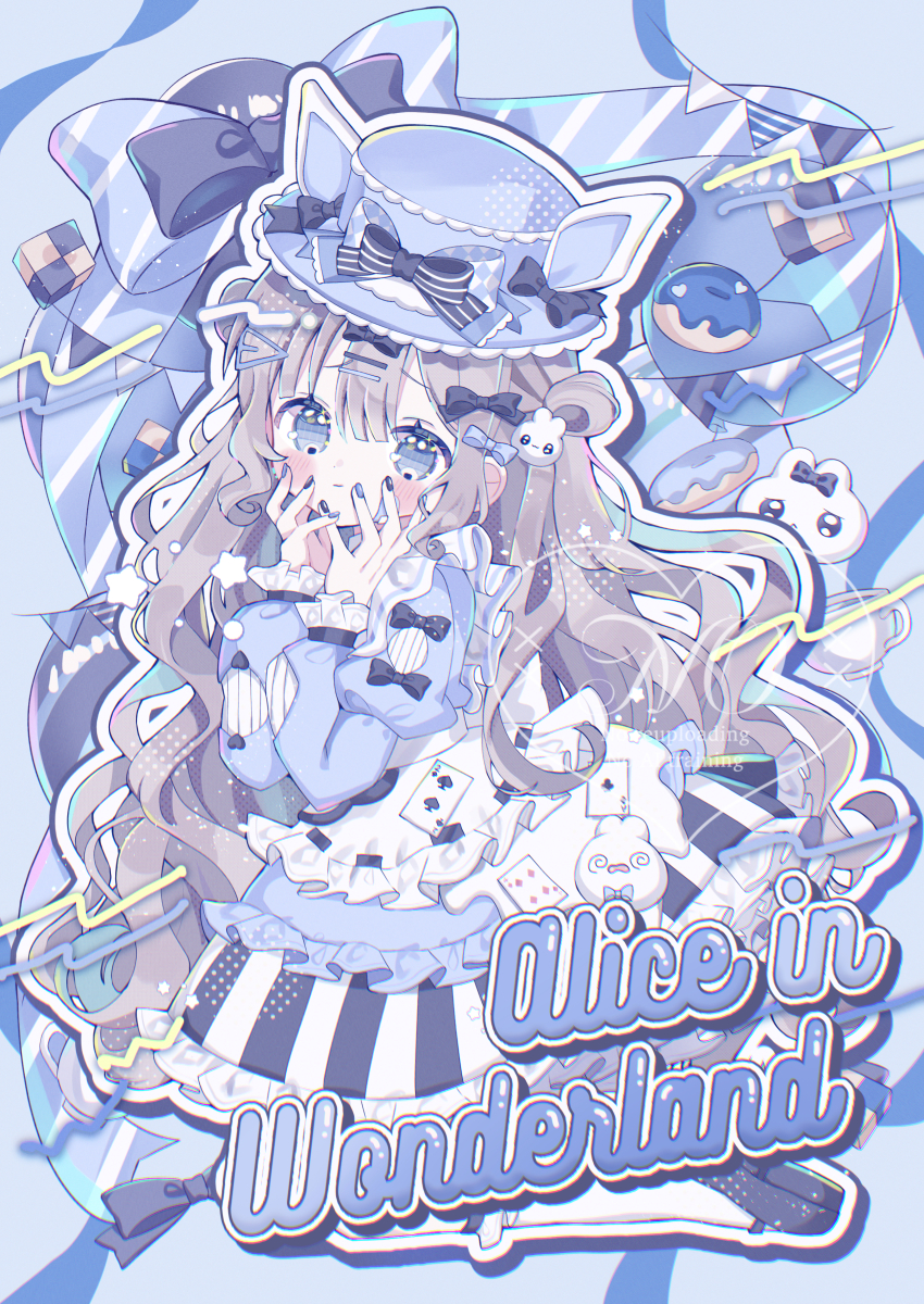 1girl absurdres ace_(playing_card) ace_of_clubs alice&#039;s_adventures_in_wonderland animal_ears apron black_bow black_nails black_shoes black_skirt blue_background blue_dress blue_eyes blue_hat blue_nails blue_ribbon blush bow brown_hair card checkerboard_cookie club_(shape) commentary_request cookie donut dress drop_shadow english_text fake_animal_ears food four_of_diamonds full_body hair_rings hands_on_own_face hat highres long_hair long_sleeves looking_at_viewer nail_polish original outline pantyhose playing_card puffy_sleeves ribbon sango_(35sangosan) shoes simple_background skirt string_of_flags striped_clothes striped_skirt tenshi_kaiwai two_of_spades vertical-striped_clothes vertical-striped_skirt very_long_hair white_apron white_pantyhose white_skirt