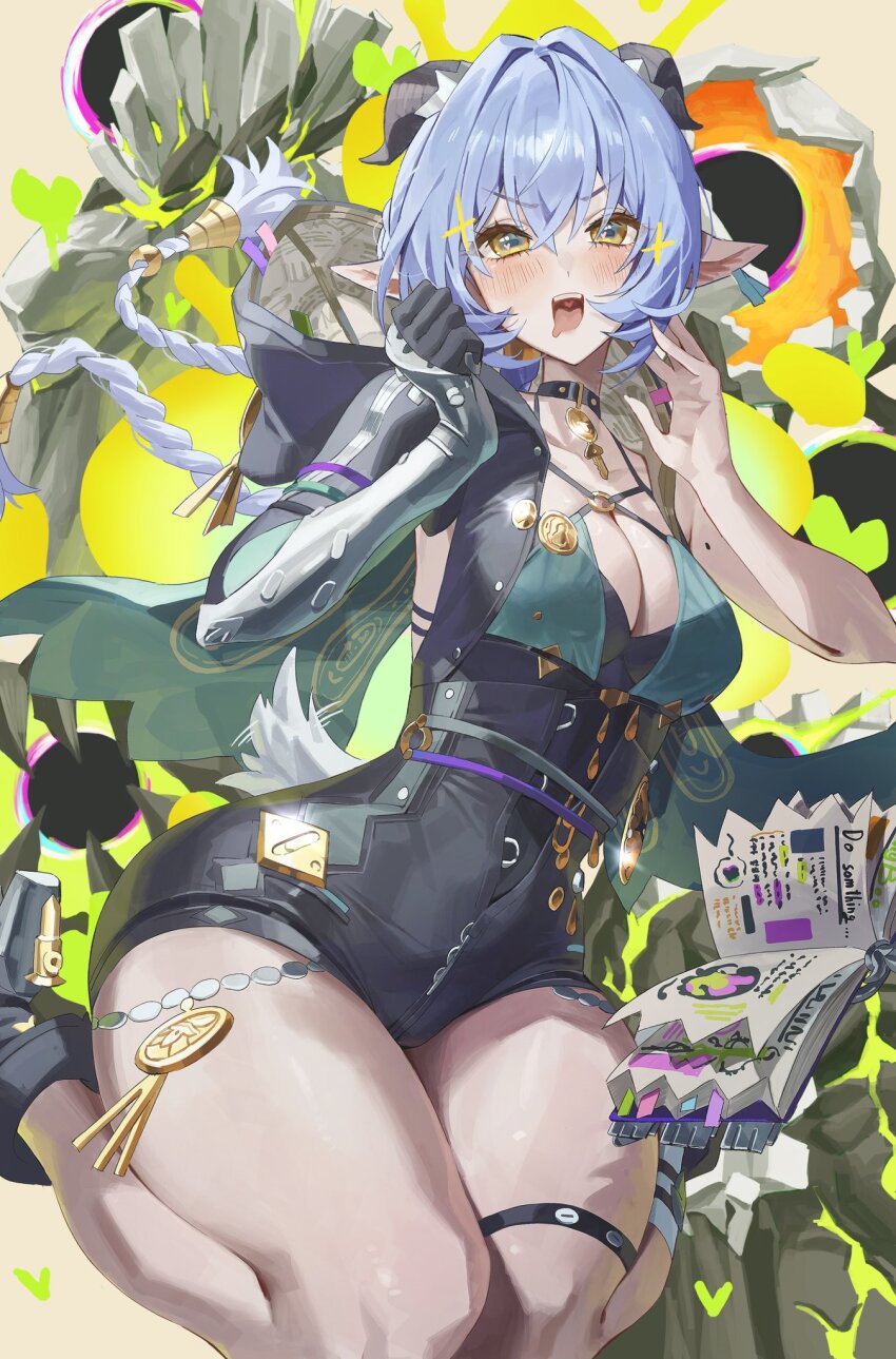 1girl black_boots black_gloves blue_hair boots breasts cleavage commentary drooling gloves hair_between_eyes hands_up highres horns looking_at_viewer lucia_elowen mole netural open_mouth pointy_ears smile solo symbol-only_commentary tail teeth thigh_strap thighs tongue upper_teeth_only v-shaped_eyebrows yellow_eyes zenless_zone_zero