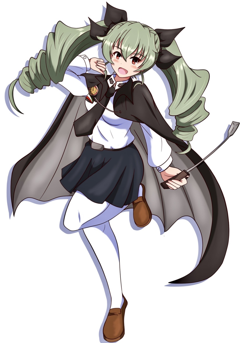 1girl anchovy_(girls_und_panzer) anzio_school_uniform belt black_belt black_cape black_necktie black_ribbon black_skirt brown_shoes cape commentary dress_shirt drill_hair emblem female_focus full_body girls_und_panzer green_hair hair_ribbon highres leg_up long_hair long_sleeves looking_at_viewer meiya miniskirt necktie open_mouth pantyhose pleated_skirt red_eyes ribbon riding_crop school_uniform shadow shirt shoes simple_background skirt smile solo standing standing_on_one_leg twin_drills twintails white_background white_pantyhose white_shirt wing_collar