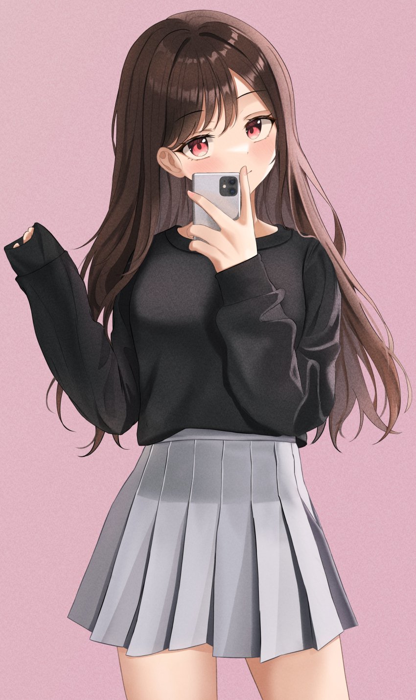 1girl absurdres arm_up black_shirt blush brown_hair closed_mouth grey_skirt hands_up highres holding holding_phone long_hair long_sleeves looking_at_viewer original phone pink_background pleated_skirt red_eyes shirt simple_background skirt smile solo standing ttusee5